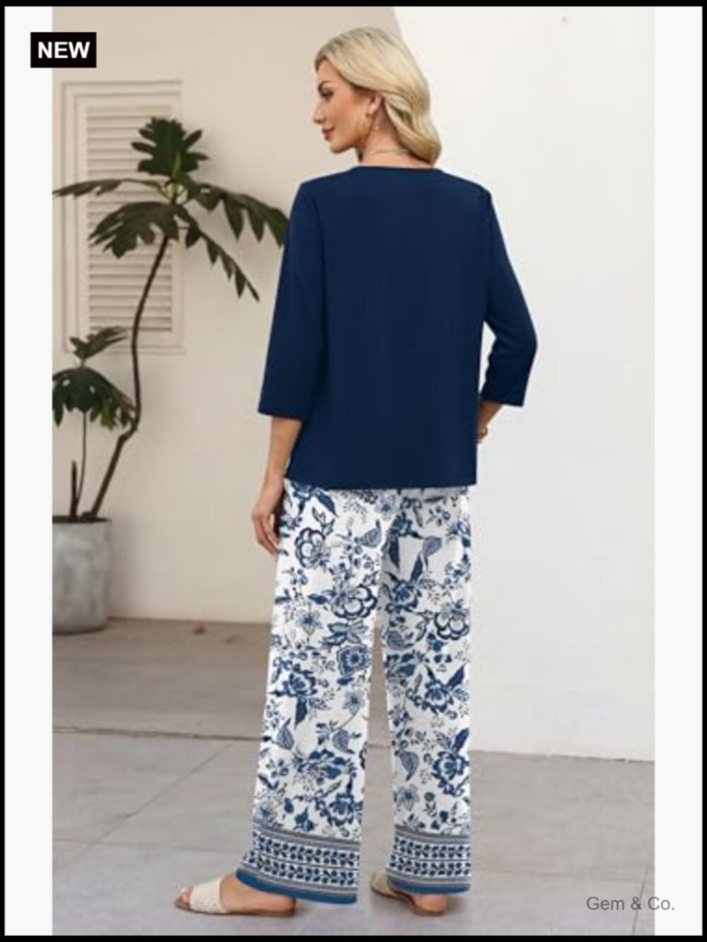 Two Piece Lounge Set 3/4 Sleeve V-Neck Top Wide Leg Pants Travel Outfit - Picture 5 of 6